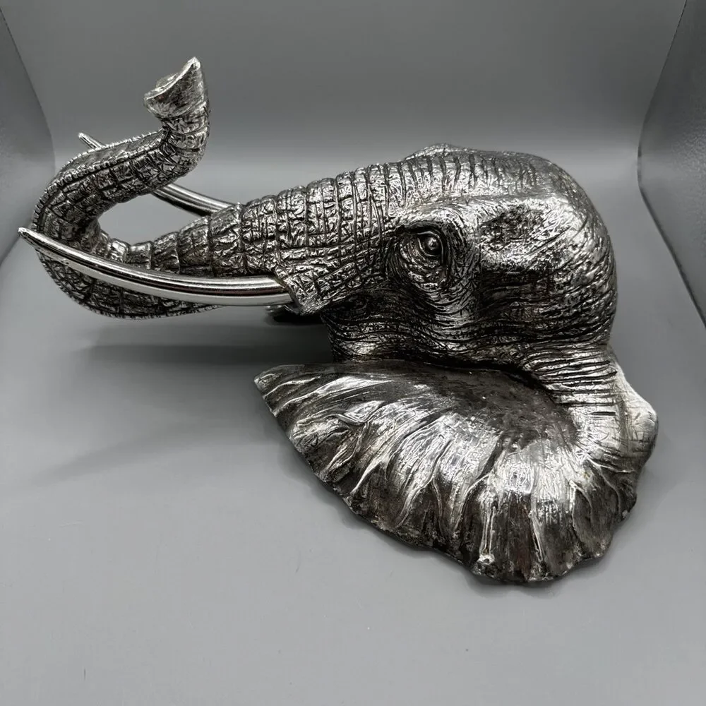 Silver Elephant Head Wall Mount Decor 11” Safari Metallic Wall Sculpture